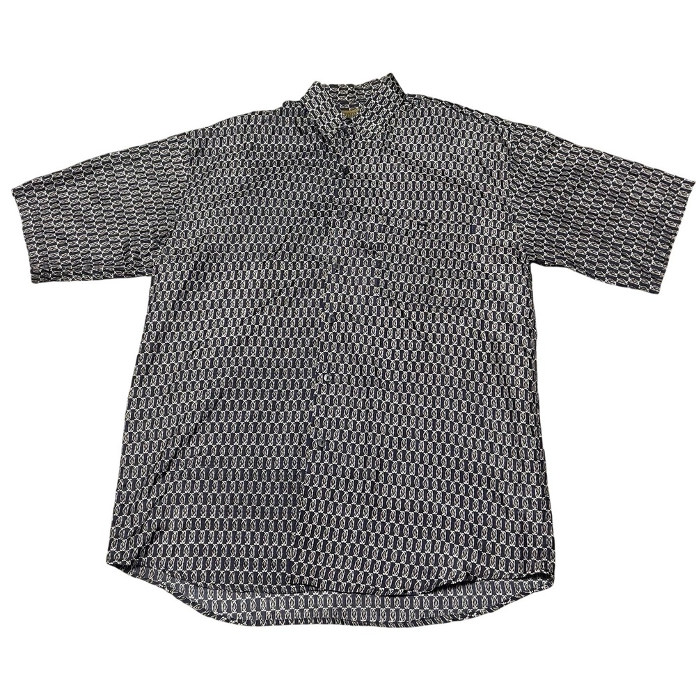 Utopia Silk Button-Up Shirt Men's M Navy Geometric Short Sleeve Retro 90s Street